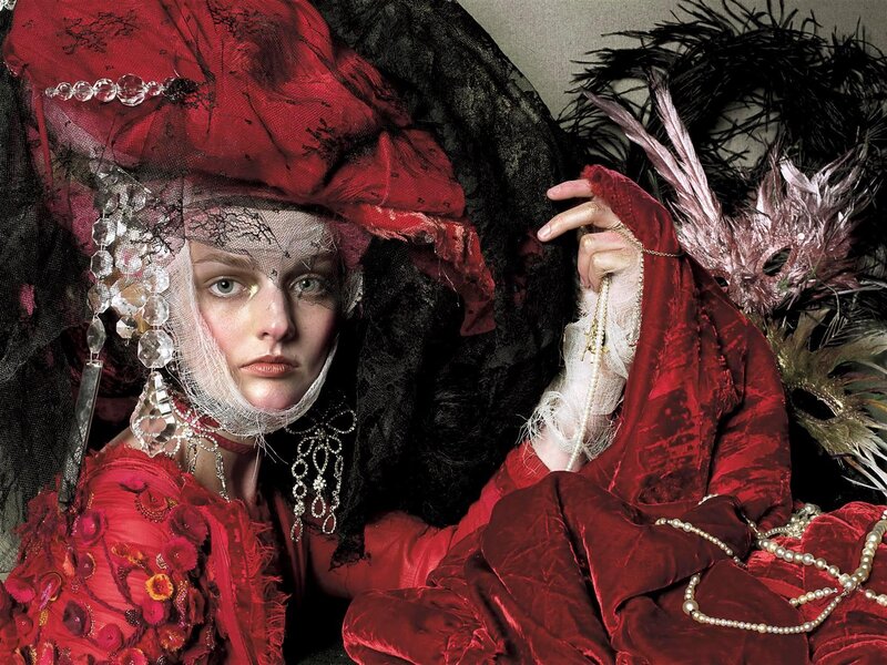 Woman in Red Costume — Dramatic, Photograph, Feathered Hat