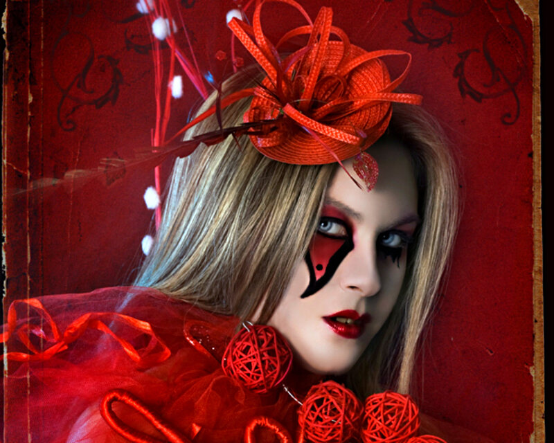 Woman in Red Costume — Dramatic, Photograph, Makeup