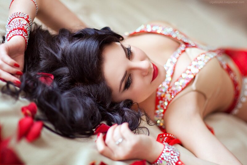 Woman in Red Costume — Dramatic, Photograph, Red Rose Petals