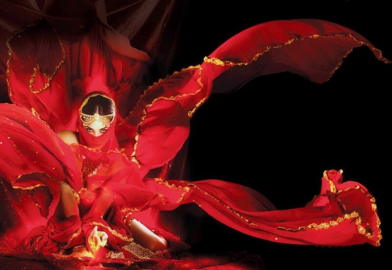 Woman in Red Costume — Dramatic, Photograph, Veil, Headpiece