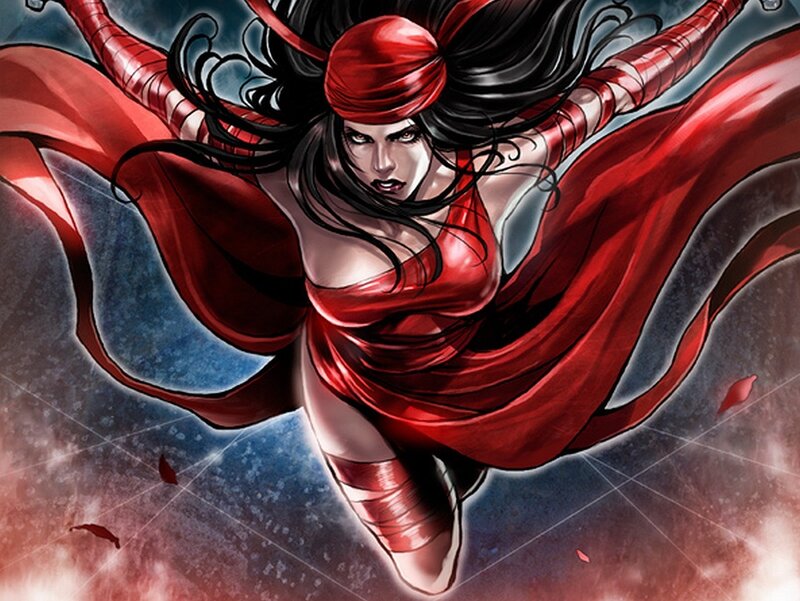 Woman in red costume flying