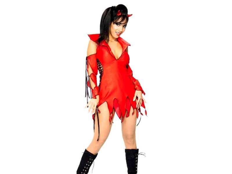 Woman in Red Costume — Playful, Photograph, Boots