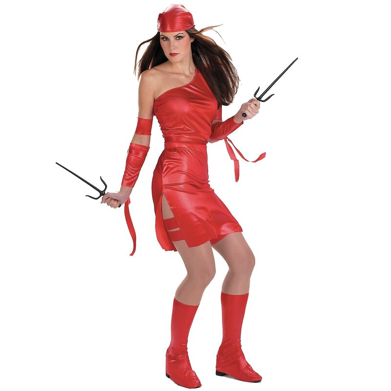 woman in red costume with weapons
