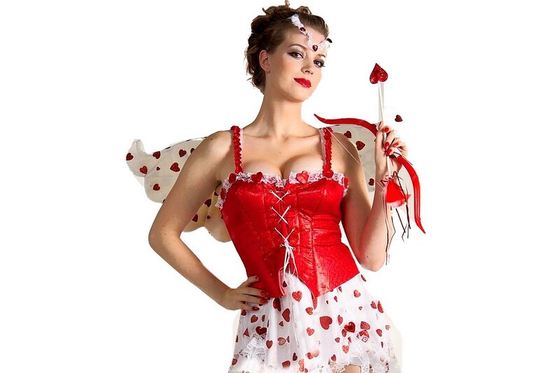 woman in red cupid costume
