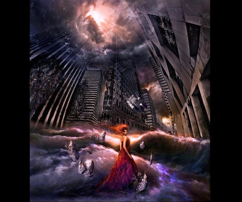 woman in red dress amidst apocalyptic city