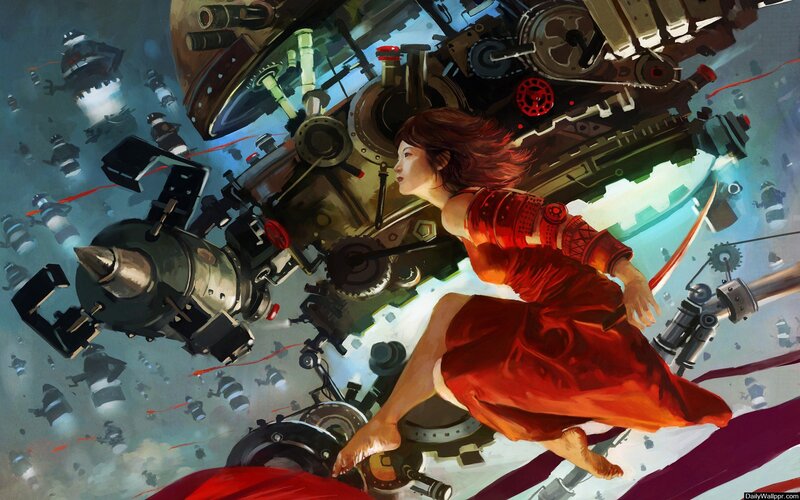 Woman in red dress amidst mechanical debris