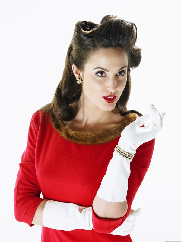 woman in red dress and white gloves