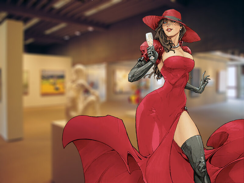 Woman in red dress at art gallery