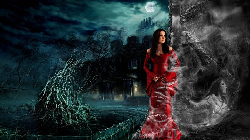 woman in red dress at night