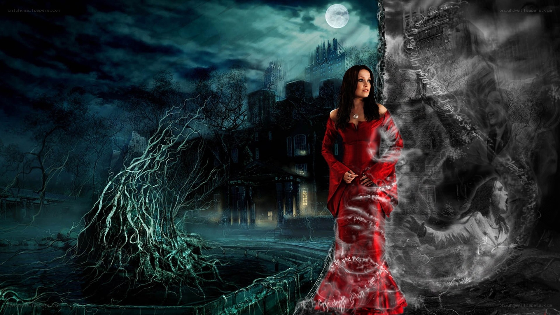 woman in red dress at night