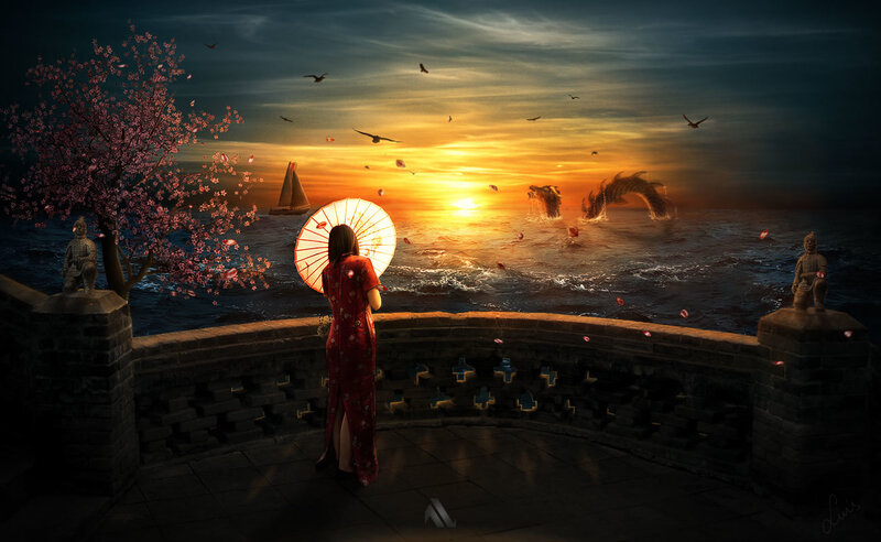 Woman in red dress at sunset