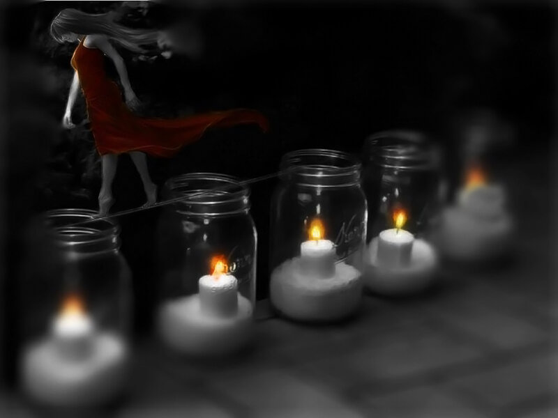 Woman in Red Dress — Black, Dramatic, Night, Digital Art, Candles