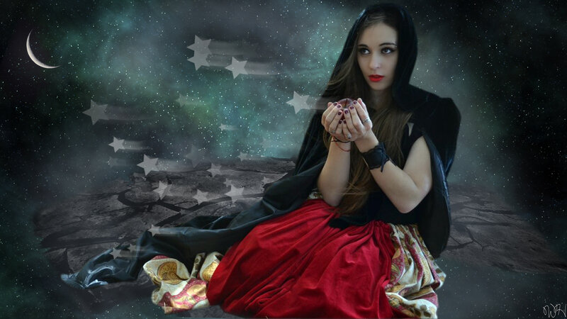 Woman in Red Dress — Black, Dramatic, Night, Digital Art, Moon