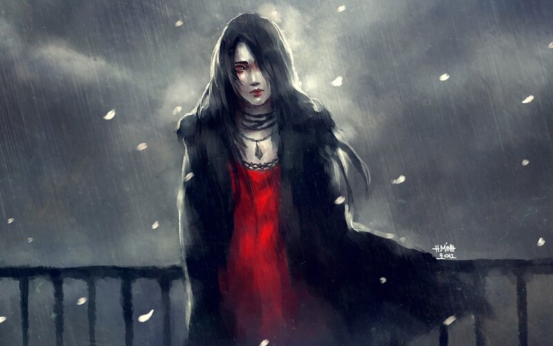 Woman in Red Dress — Black, Dramatic, Night, Digital Art, Rain