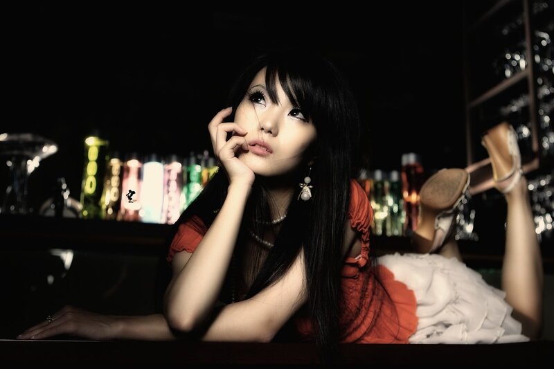Woman in Red Dress — Black, Dramatic, Night, Photograph, Bar
