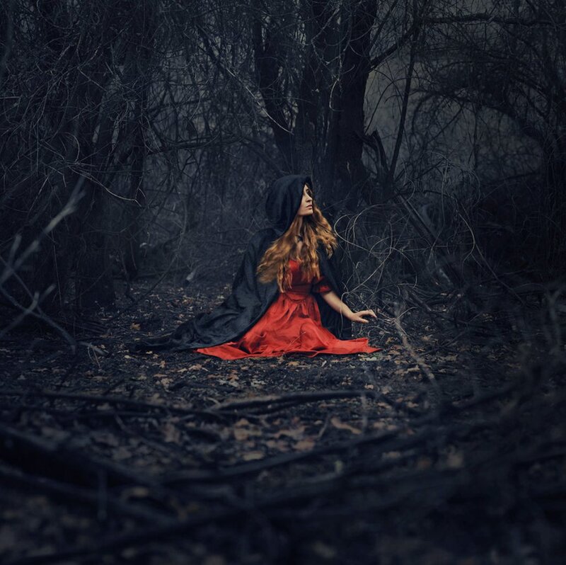 Woman in Red Dress — Black, Dramatic, Photograph, Forest