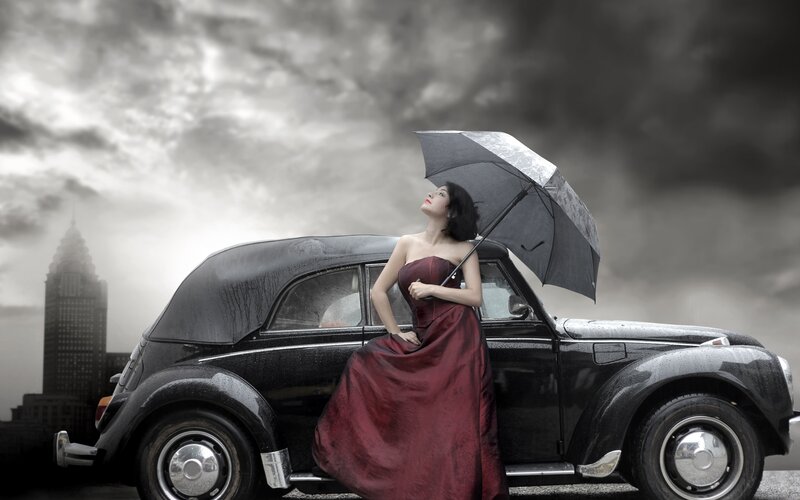 Woman in Red Dress — Black, Dramatic, Photograph, Umbrella