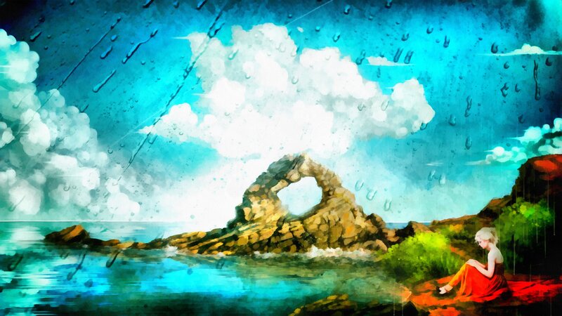 Woman in Red Dress — Blue, Dramatic, Digital Art, Rock Arch