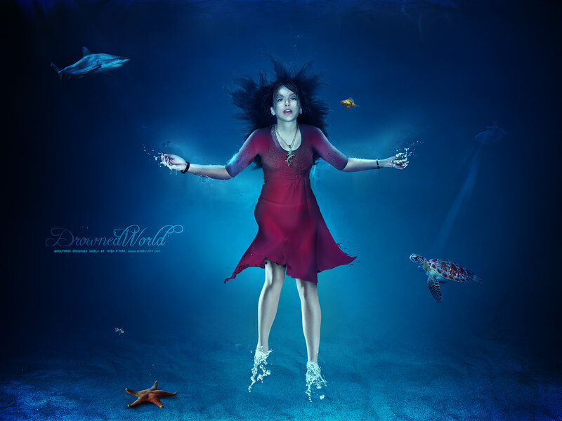 Woman in Red Dress — Blue, Dramatic, Digital Art