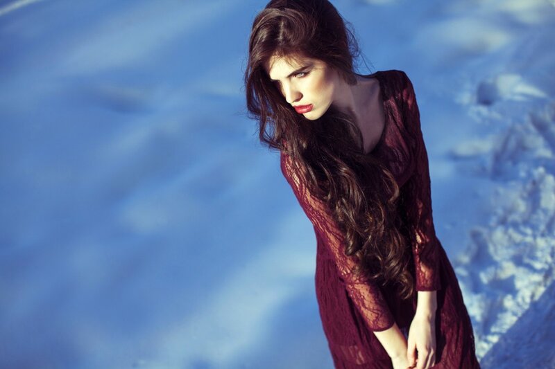 Woman in Red Dress — Blue, Dramatic, Winter, Photograph