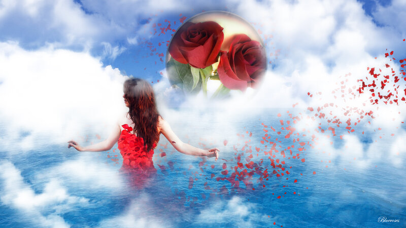 Woman in Red Dress — Blue, Dreamy, Digital Art