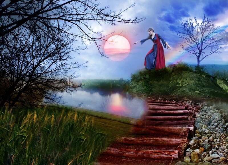 Woman in Red Dress — Blue, Dreamy, Sunset