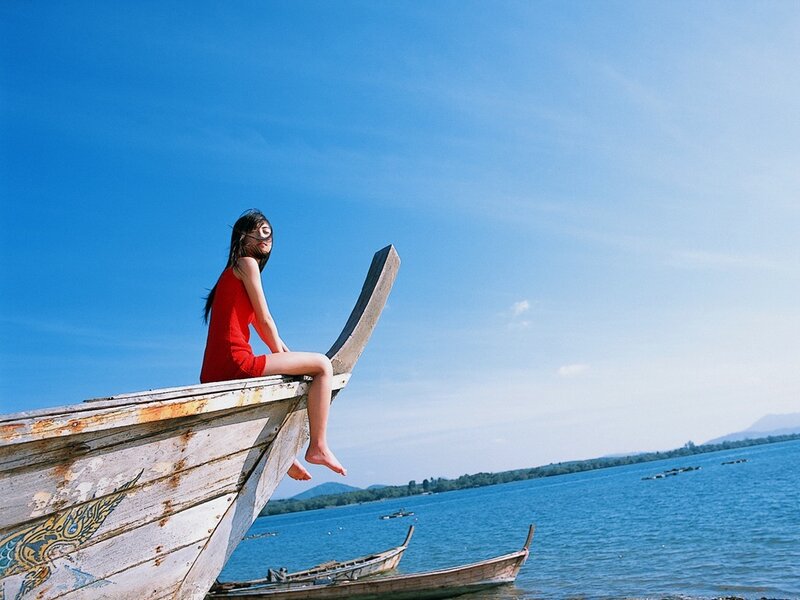 Woman in Red Dress — Blue, Serene, Afternoon