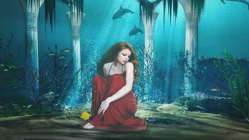 Woman in Red Dress — Blue, Serene, Digital Art