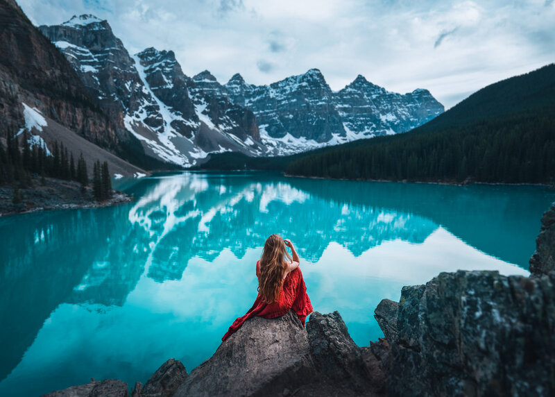 Woman in Red Dress — Blue, Serene, Morning