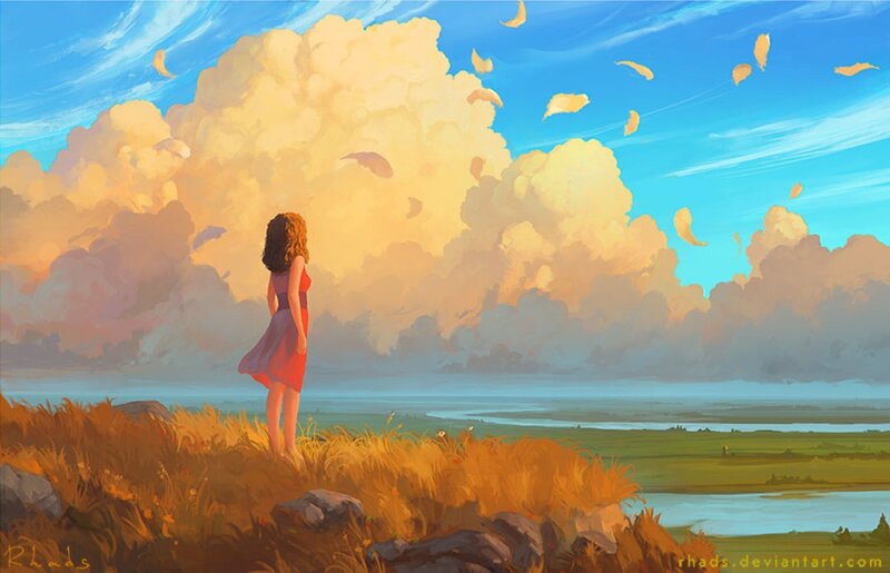 Woman in Red Dress — Blue, Serene, Sunset, Digital Art