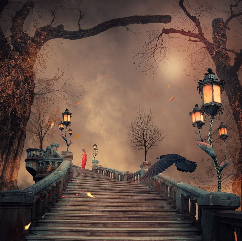 Woman in Red Dress — Brown, Dramatic, Autumn