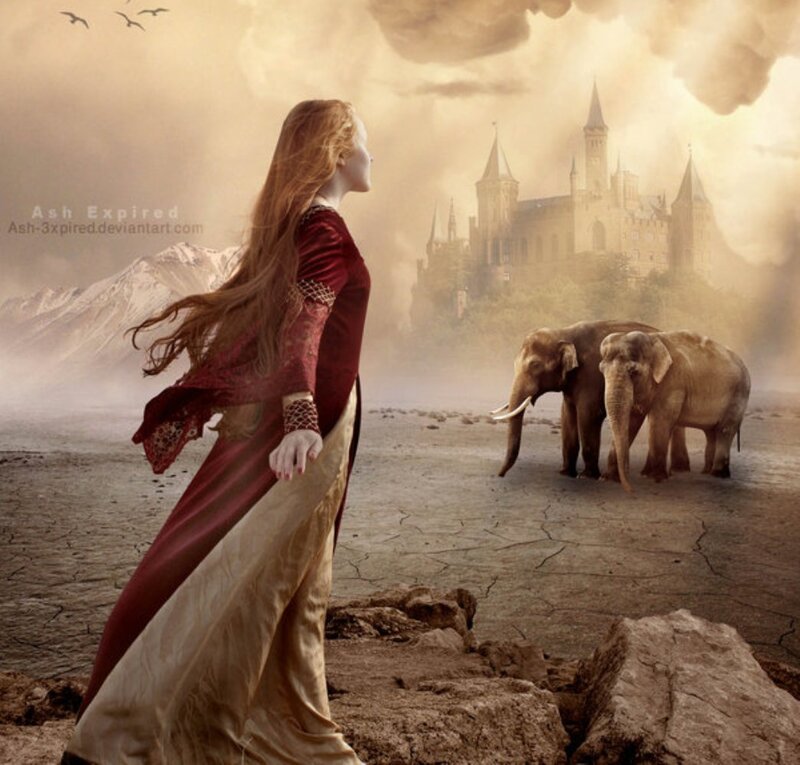 Woman in Red Dress — Brown, Dramatic, Sunset, Digital Art, Elephants