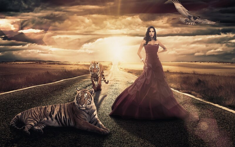 Woman in Red Dress — Brown, Dramatic, Sunset, Digital Art, Tiger