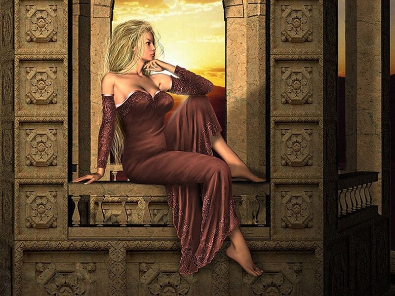 Woman in Red Dress — Brown, Serene, Sunset, Digital Art