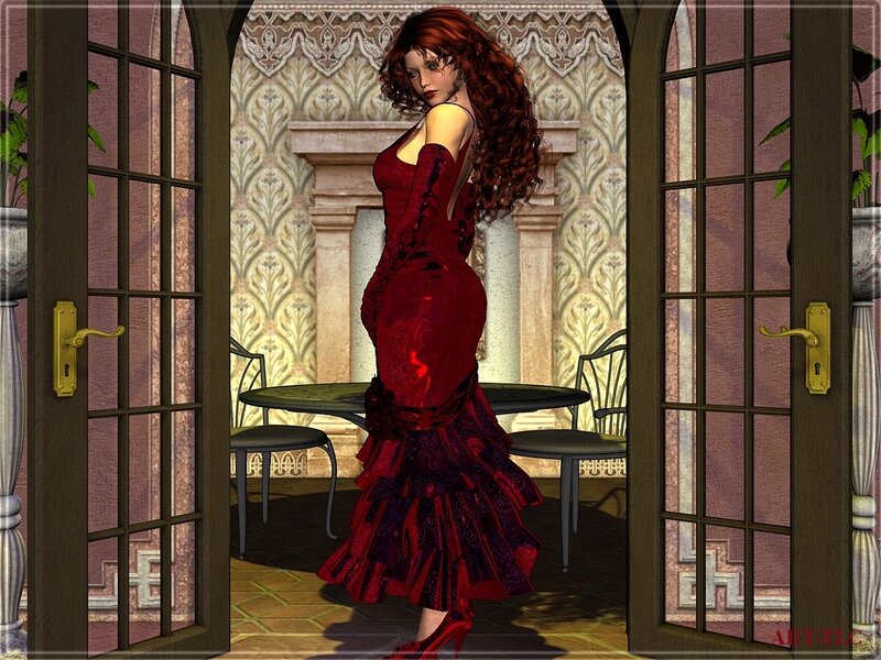 woman in red dress by door