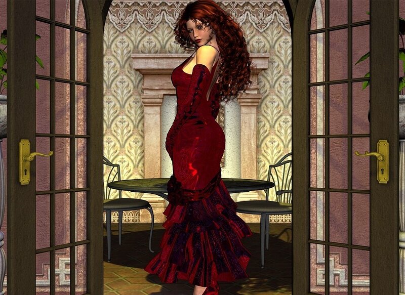 woman in red dress by door