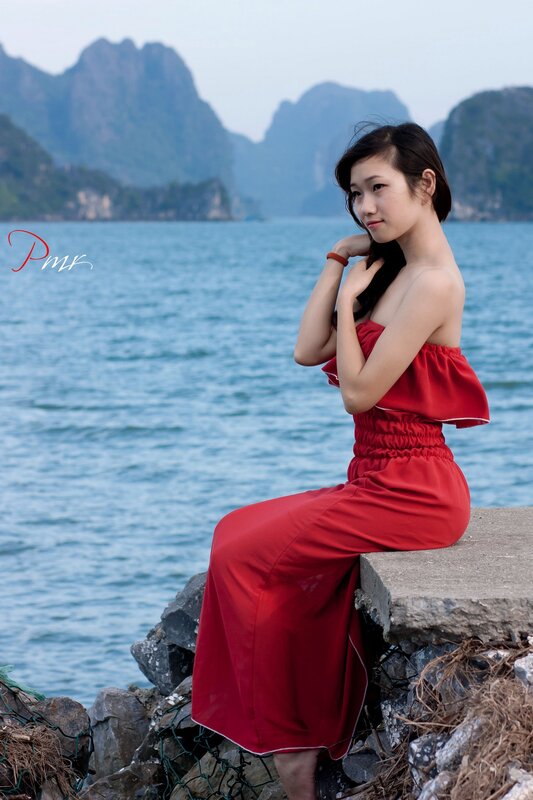 Woman in red dress by the sea