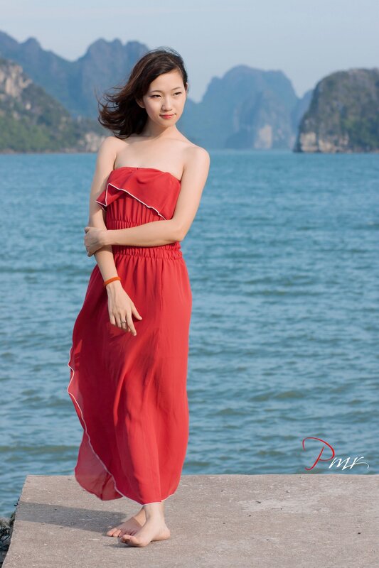 Woman in red dress by the sea