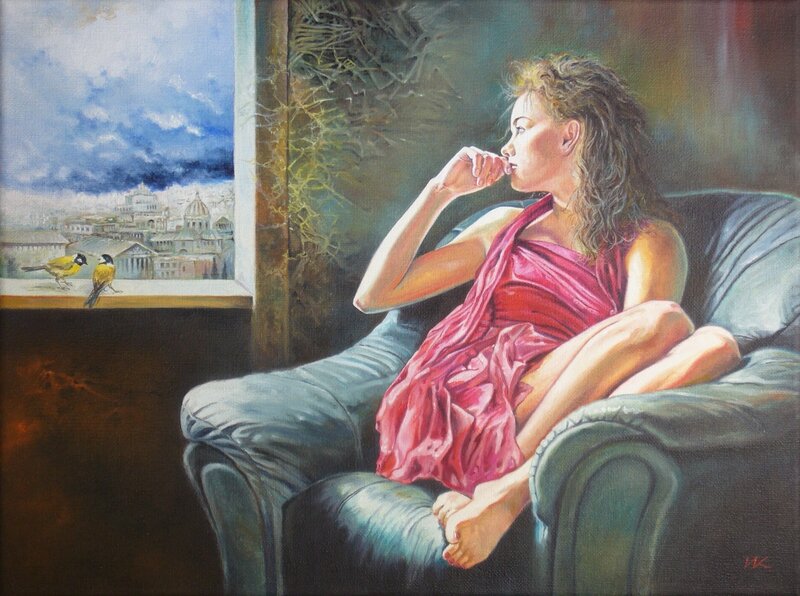 Woman in red dress by window
