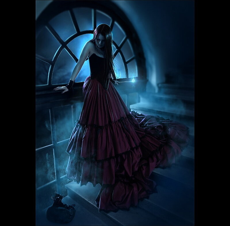 woman in red dress by window