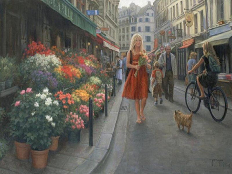 Woman in Red Dress — Calm, Afternoon, Painting