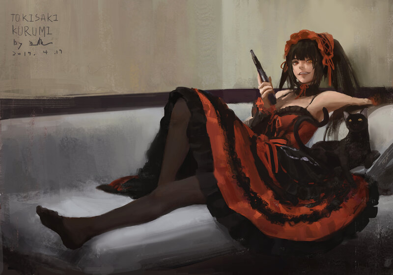 Woman in Red Dress — Calm, Digital Art, Cat