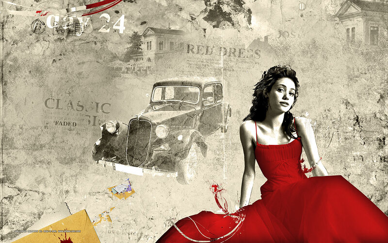 woman in red dress collage