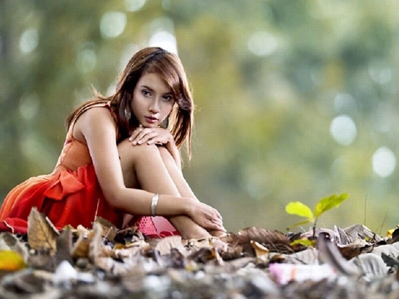 Woman in Red Dress — Contemplative, Autumn, Photograph