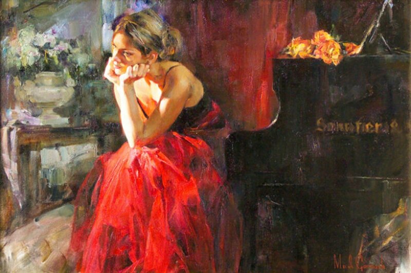 Woman in Red Dress — Contemplative, Painting, Piano