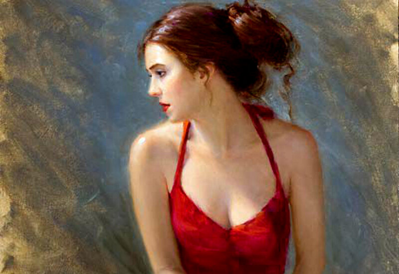 Woman in Red Dress — Contemplative, Painting