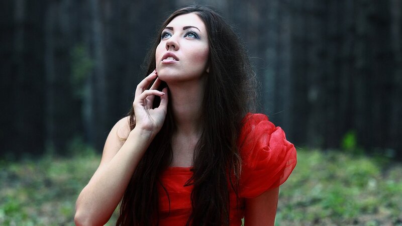 Woman in Red Dress — Contemplative, Photograph, Forest