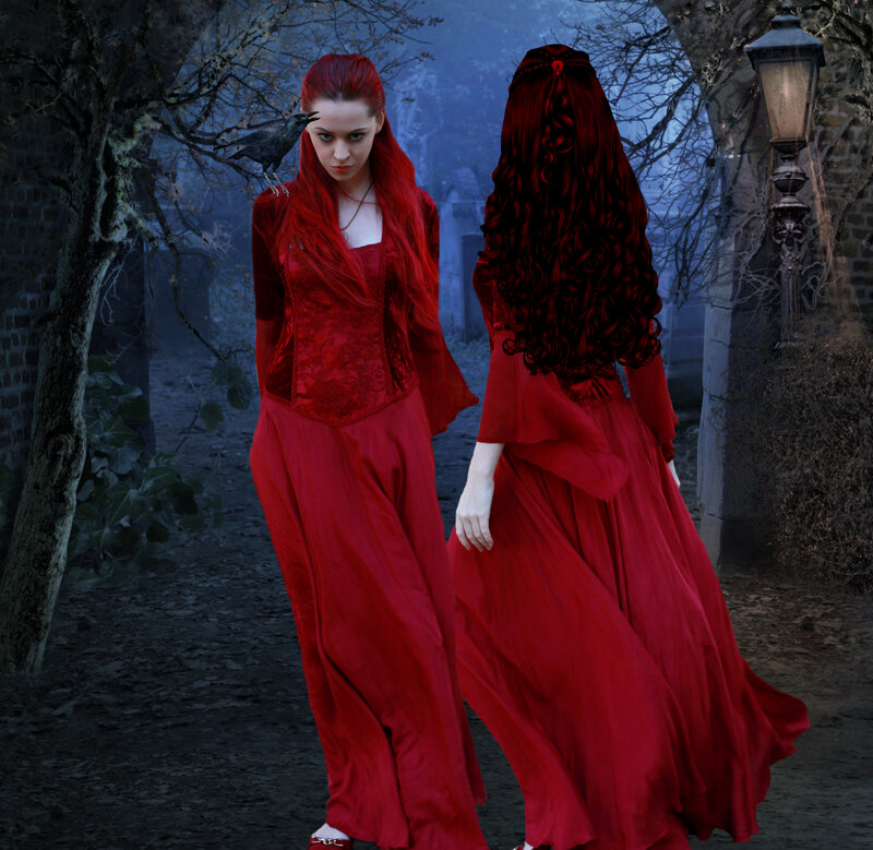 Woman in Red Dress — Dark, Night, Digital Art, Crow
