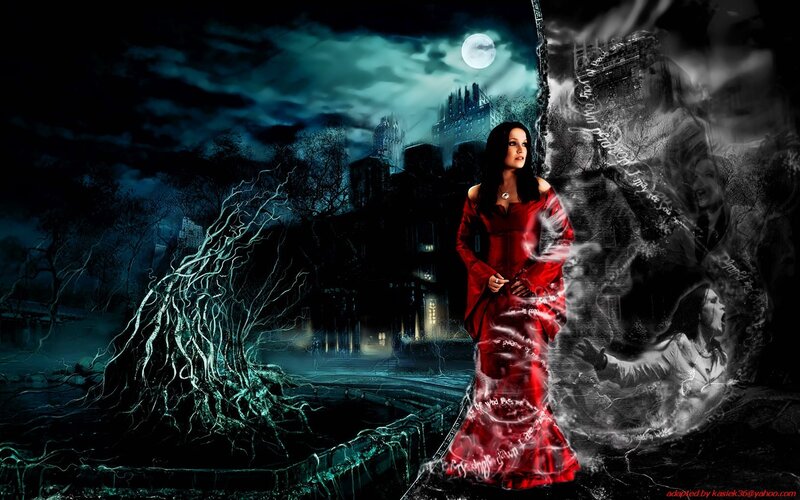 Woman in Red Dress — Dark, Night, Digital Art, Moon, Castle