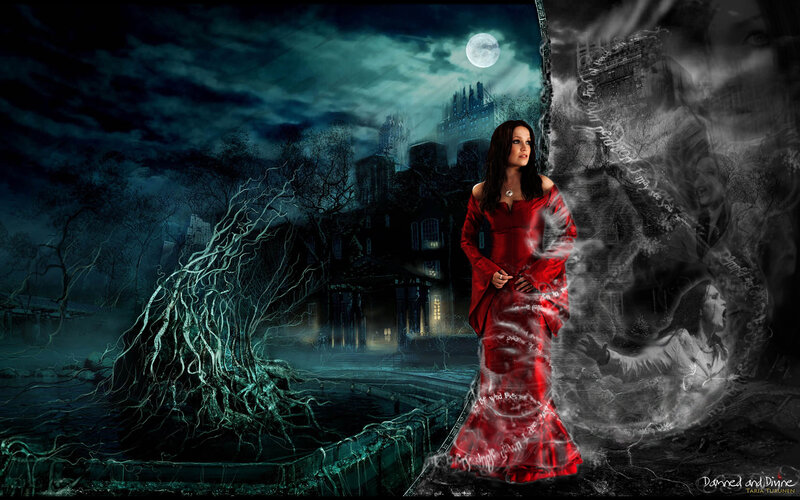 Woman in Red Dress — Dark, Night, Digital Art, Moon